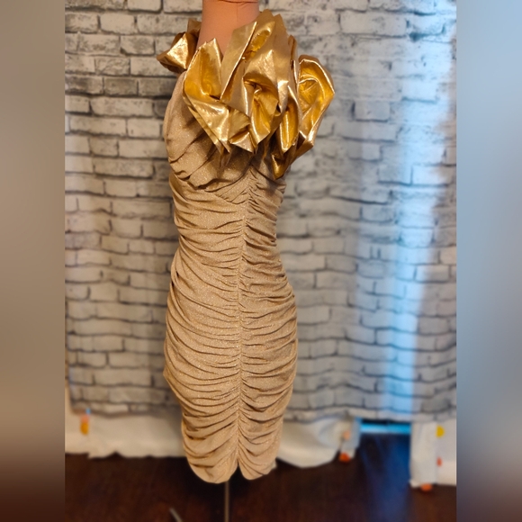 Stunning gold on gold Zum Zum vintage 80s ruched Body Con mini Dress poufy  SM - Picture 3 of 13